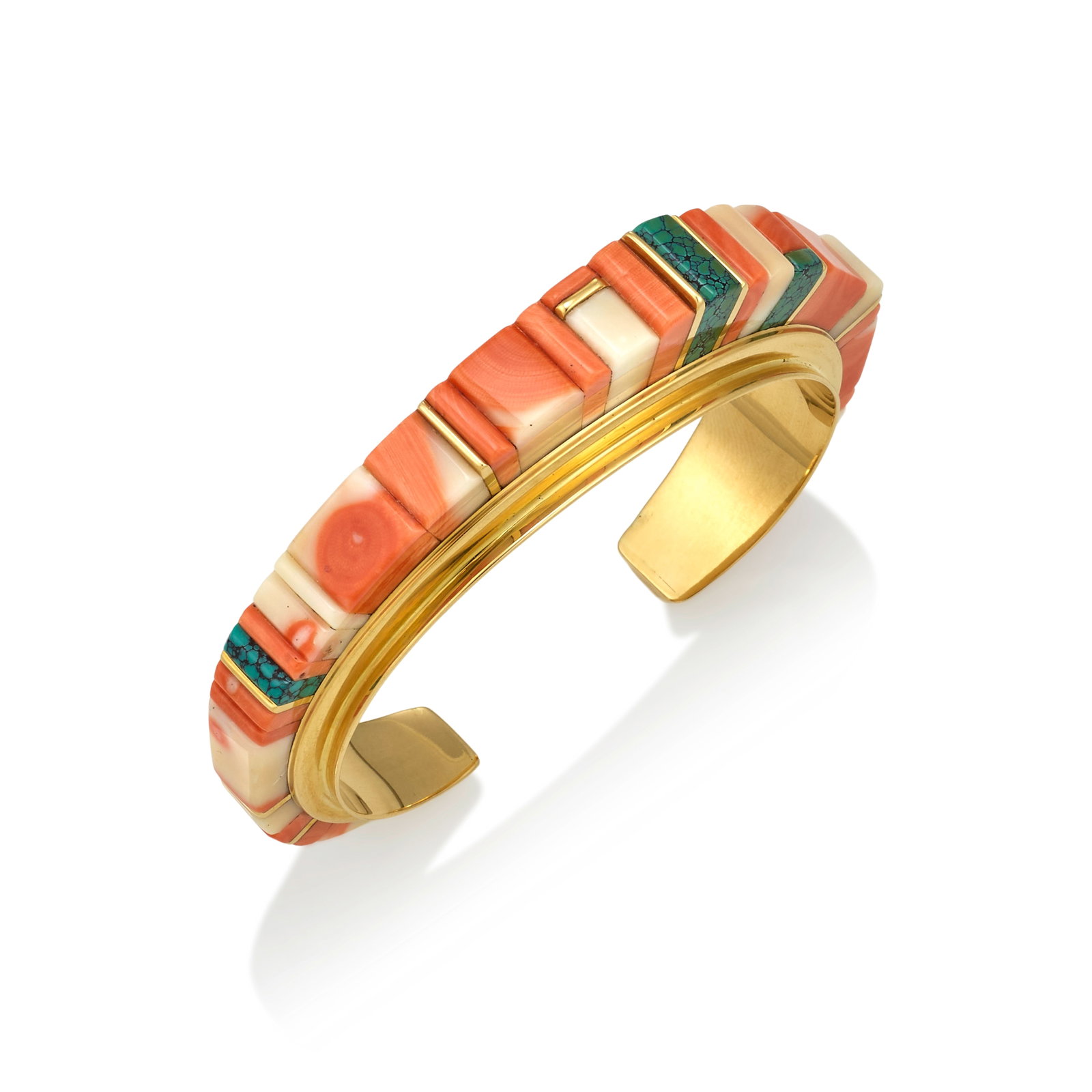 A Verma Nequatewa (Sonwai) 18k gold and multi-stone cuff bracelet: Verma Nequatewa (Sonwai) Hopi, (b. 1949), an 18k gold cuff bracelet of tapering form, cobblestone inlaid with Momo coral, turquoise, and gold spacers, stamped on the interior with maker's mark: Sonwai
