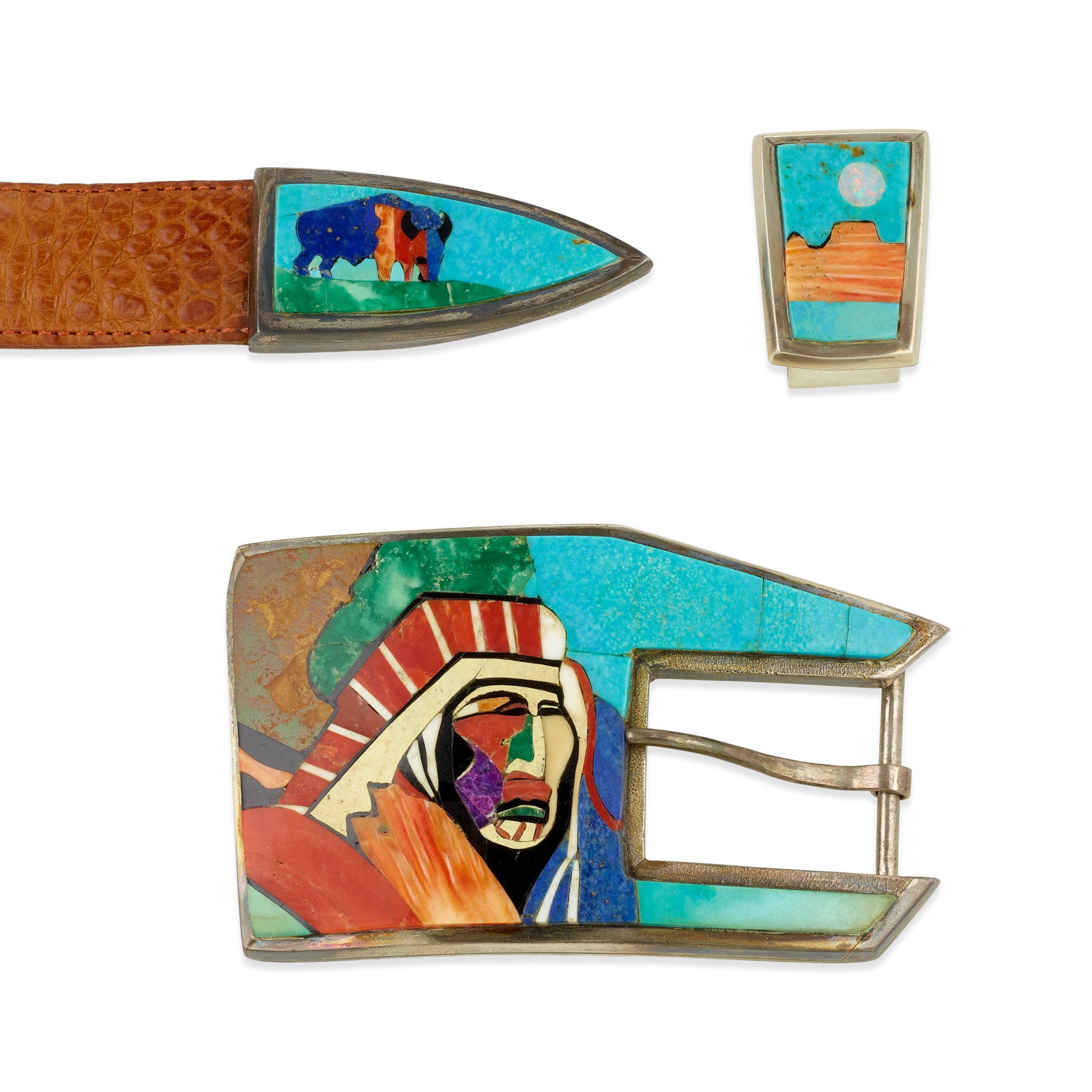 A Danny Romero belt set: Danny Romero Yaqui/Spanish, (1954-2018), a pictorial inlaid portrait belt buckle, slide, and belt tip, inlaid with turquoise, lapis, coral, sugilite and other materials, the buckle depicting a Native 