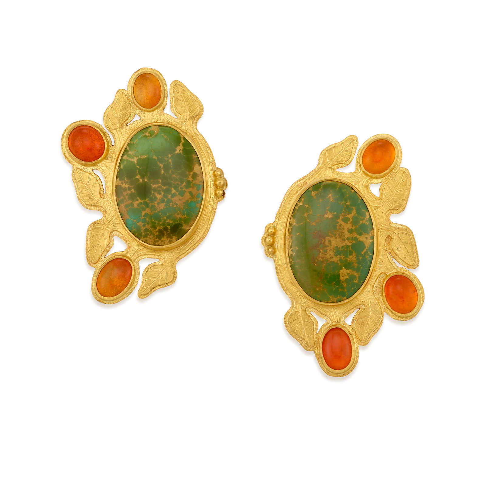 A pair of Larry Vasquez 22k gold earrings with turquoise and opals, 'Shields of Decree,' 2002: Larry Vasquez Mescalero Apache/Mayan/Aztec, (b. 1947), 'Shields of Decree,' 2002, a pair of 22k gold earrings with foliate designs and set with King Manassa Mine turquoise and three Mexican opals each