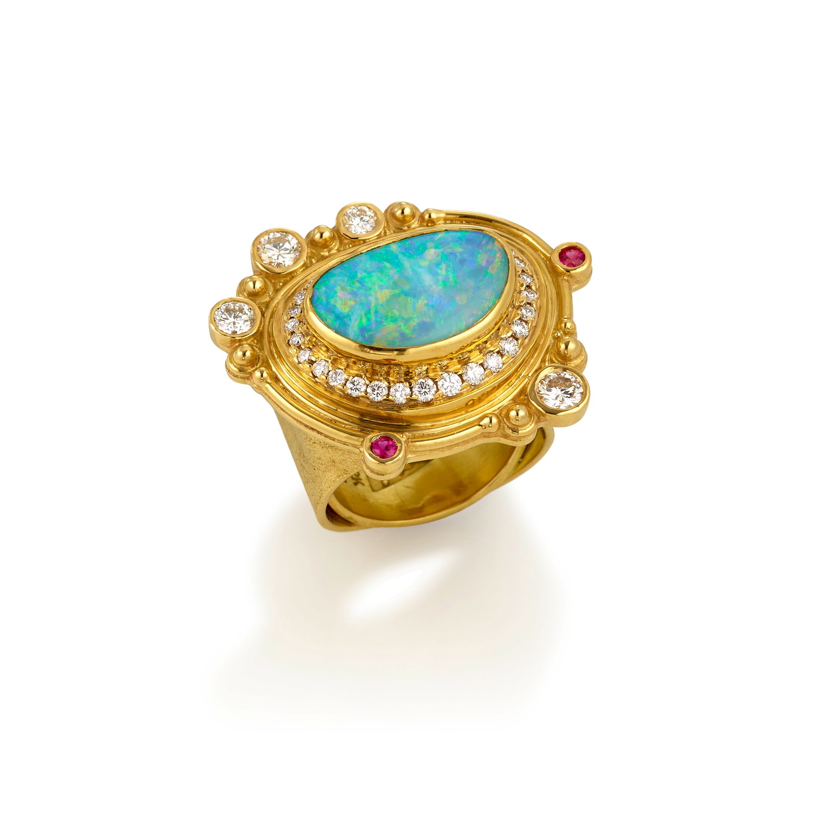 A Larry Vasquez gold ring set with opal and diamonds, 'Cup of Gold,' 2003: Larry Vasquez Mescalero Apache/Mayan/Aztec, (b. 1947), 'Cup of Gold,' 2003, a 22k and 18k gold ring set with opal, diamonds (approximately 1.50 carats, G-H, VS) and synthetic rubies, marked with maker