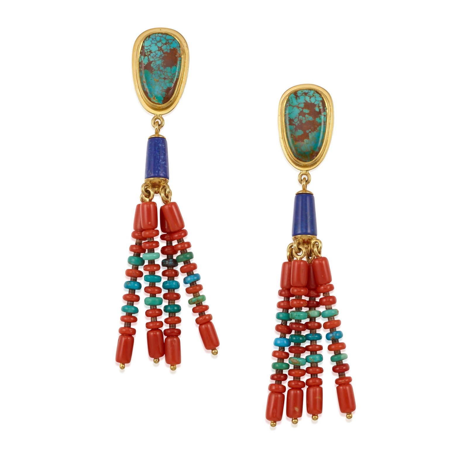 A pair of Larry Vasquez gold and multi-stone drop earrings: Larry Vasquez Mescalero Apache/Mayan/Aztec, (b. 1947), a pair of earrings with four post drops in gold, coral, turquoise and lapis, with maker's mark on the back of one and marked: 18k / 22k. length 3