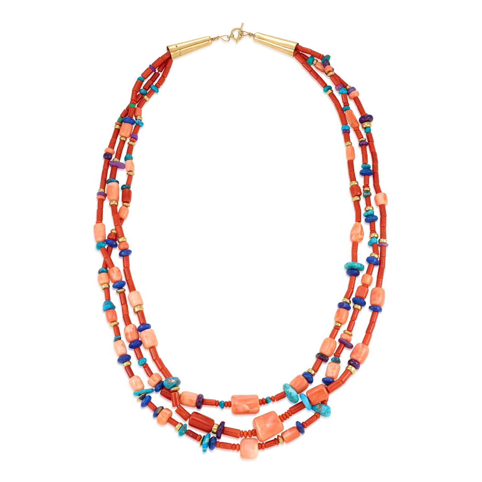 A Wes Willie three-strand coral, turquoise and multi-stone necklace: Wes Willie Diné (Navajo), (b. circa 1957), 2004, a three-strand bead necklace of coral, turquoise, lapis and sugilite, 14k gold terminals each signed with maker's mark and: 14k. wearable length 2