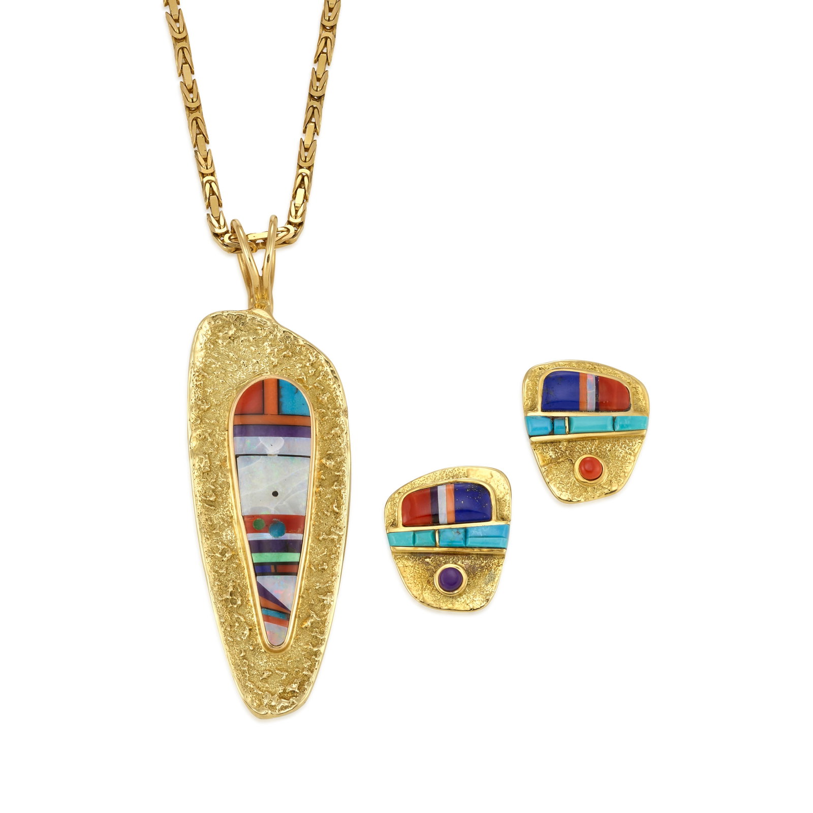 A Wes Willie 18k gold and multi stone pendant and pair of earrings: Wes Willie Diné (Navajo), (b. circa 1957), 2004, a reversible gold pendant and pair of matching earrings, the pendant set with Bisbee turquoise, lapis, coral, opal, shell and sugilite, the earrin