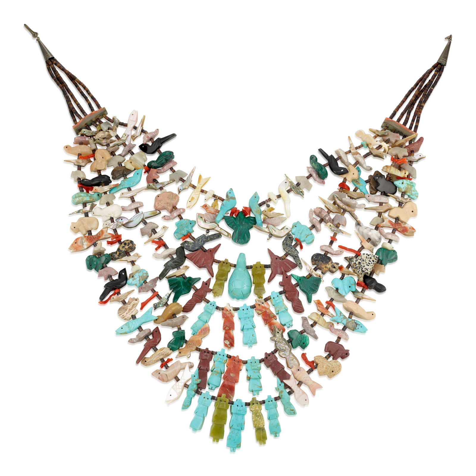 A large Zuni five-strand multi-stone fetish necklace: Unidentified Zuni maker (20th/21st century), a large five-strand multi-stone fetish necklace with carved katsinas/figures, foxes, fish, birds of various kinds, frogs, turtles, rabbits, various other a