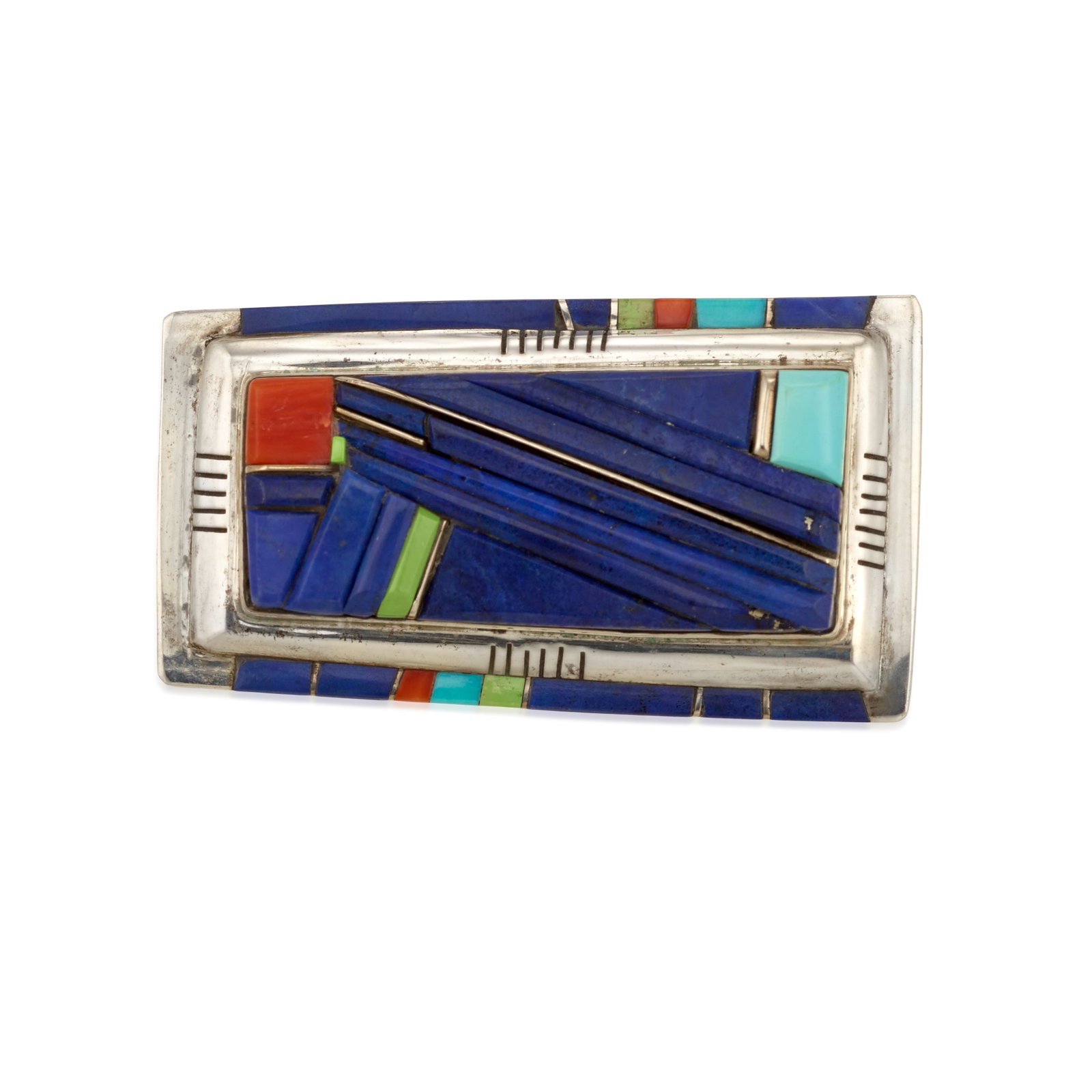 A Ken Romero sterling silver and multi-stone belt buckle: Ken Romero Laguna/Taos Pueblos, (b. 1956), a belt buckle, 2004, sterling silver inlaid with lapis, turquoise, coral, and green hardstone, stamped with artist's marks verso and: Ken Romero / Taos / Ste