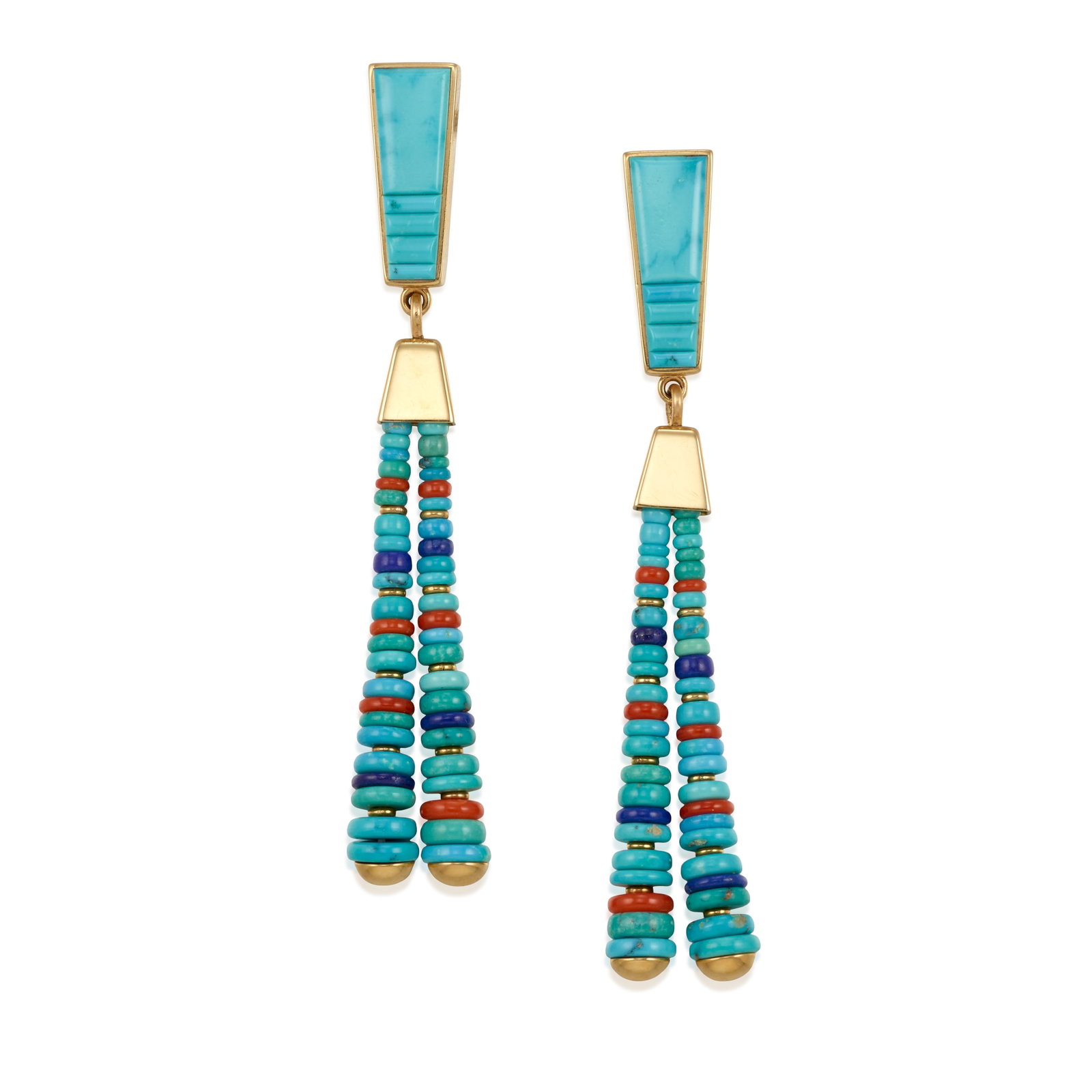A pair of Boyd Tsosie gold and multi-stone drop earrings: Boyd Tsosie Diné (Navajo), (b. 1954), a pair of gold earrings with turquoise, lapis, and coral drops, each signed: Tsosie. length 2 7/8in, width 1/2in; gross weight approximately 13.4g Footnotes: