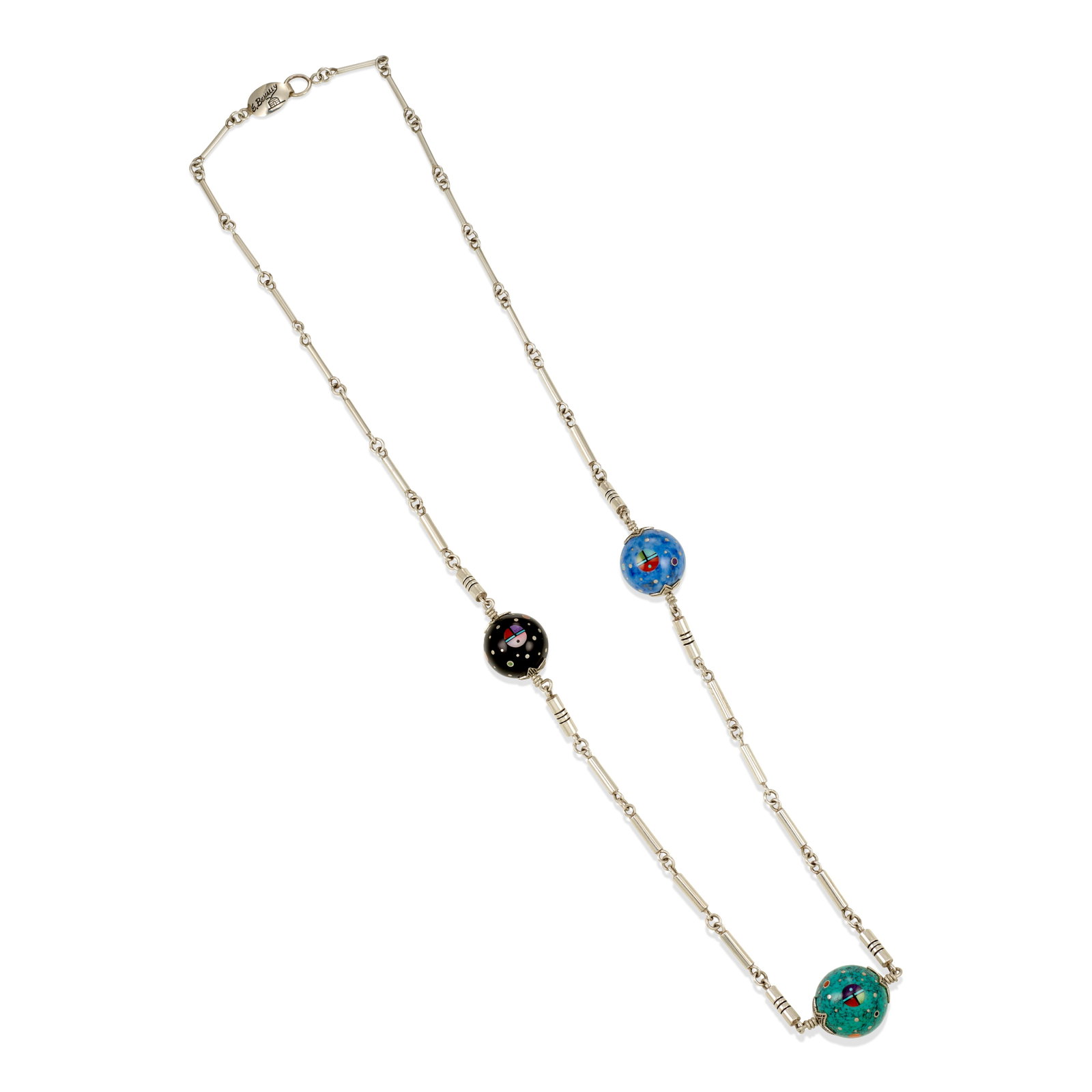 An Ernest Benally silver and multi-stone mosaic necklace: Ernest Benally Diné (Navajo), (b. 1959), a sterling silver link necklace suspending three spheres, inlaid with multi-stone katsina motifs in turquoise, jet, coral, lapis, sugilite, opal and other