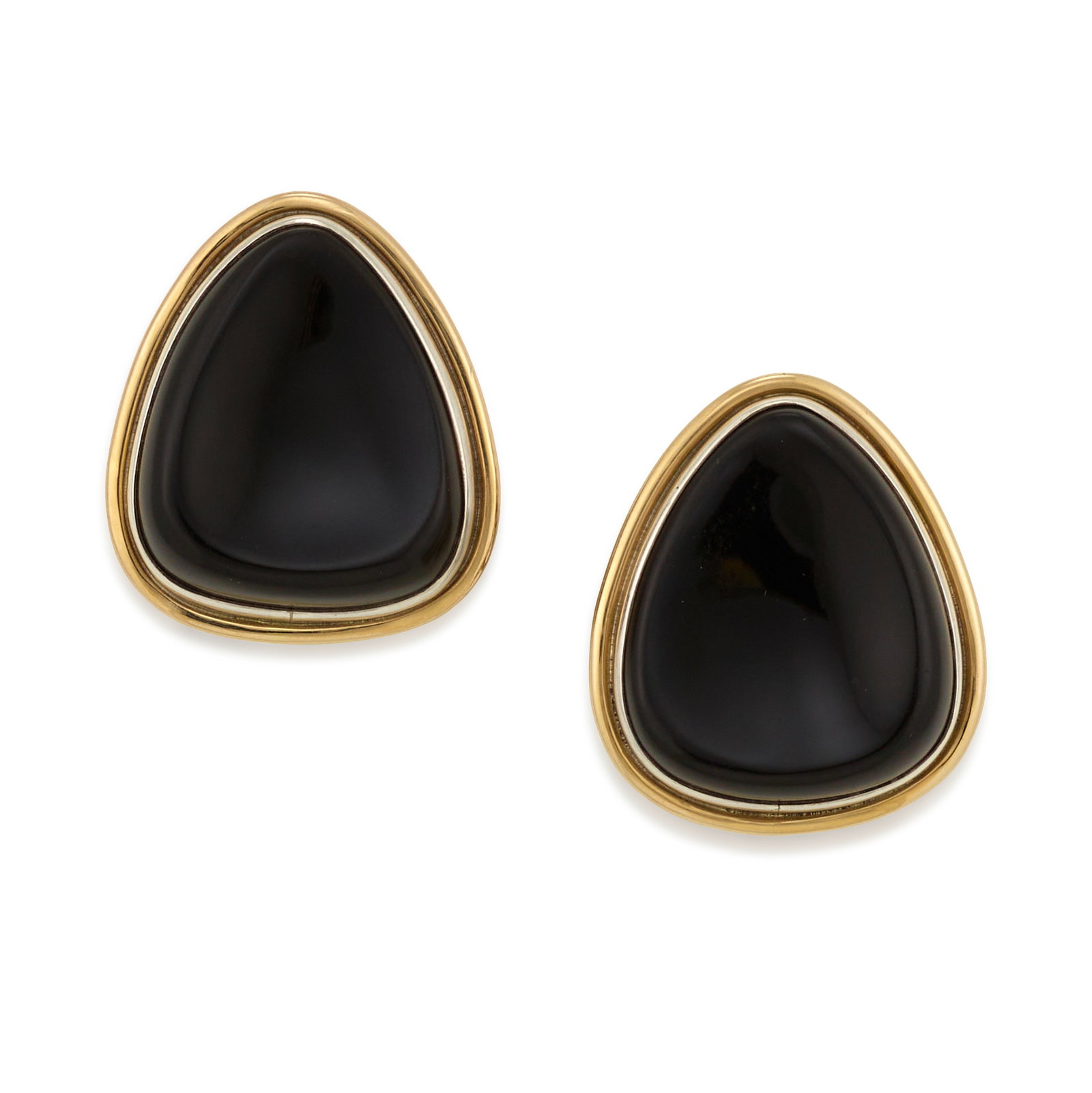 A pair of Frank Patania, Jr. silver, 14k gold and onyx ear clips: Frank Patania, Jr. American, (b. 1932), a pair of triangular sterling silver, 14k gold, and onyx ear clips, marked: FP; and: 14k / Sterling. each length 1 1/8in, width 1in; gross weight approximately 