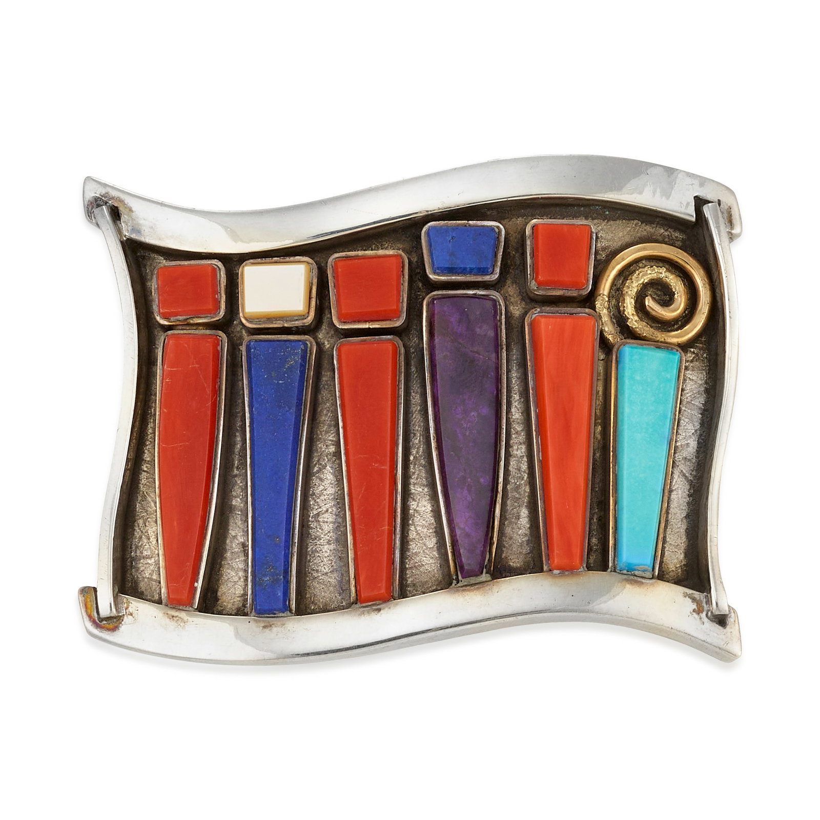 A Christina Alice Eustace silver and multi-stone belt buckle: Christina Alice Eustace Zuni/Cochiti Pueblo, (b. 1954), a sterling silver belt buckle with 14k gold spiral accent, set with sugilite, lapis, coral, and turquoise, signed: 14k / Sterling / CAE. length 