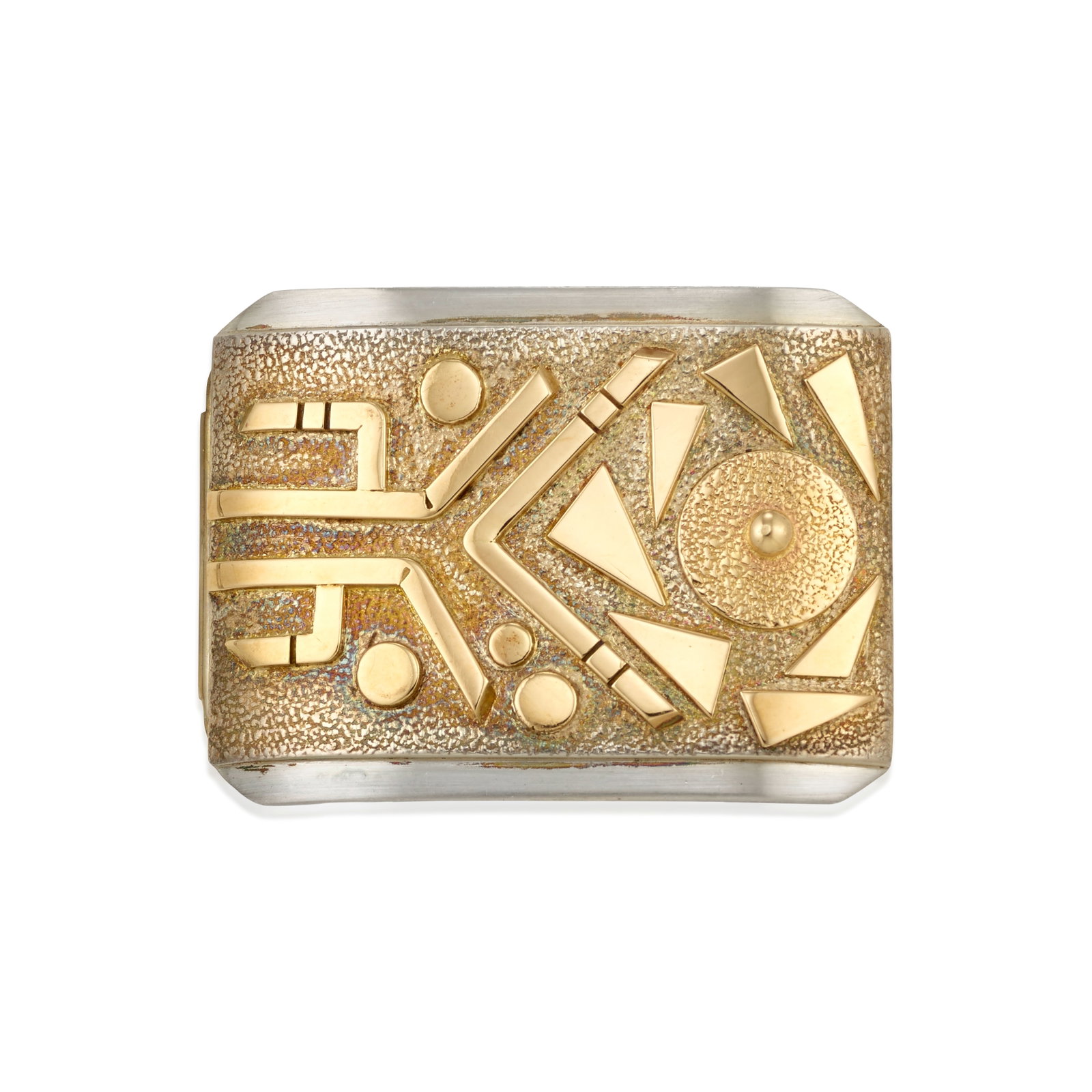 An Estevan Garcia silver and gold belt buckle: Estevan Garcia New Mexican, (1947-2009), a sterling silver belt buckle with abstract gold accents, stamped verso: Estevan / Hand Wrought / Sterling. height 1 7/8in, width 1 7/8in; gross weight approxi