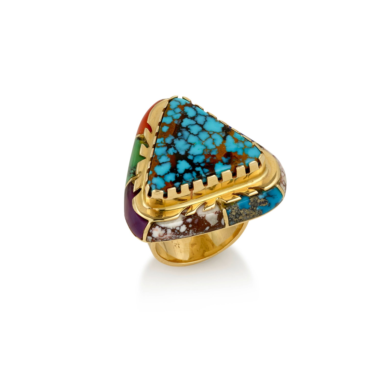 An Andrew Redhorse Alvarez 14K gold and multi-stone ring: Andrew Redhorse Alvarez American, (b. 1953), a 14k gold ring, with textured shank and triangular face set with turquoise, lapis, coral and other materials, inscribed: Andrew Alvarez / 14k. size approx