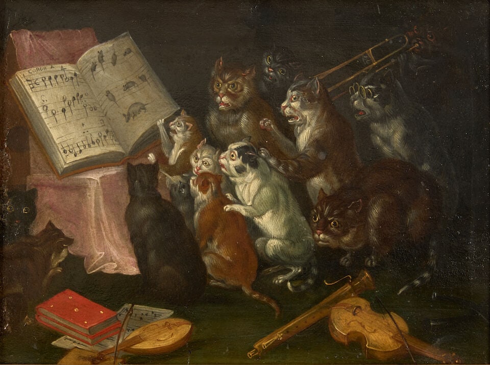 Attributed to Ferdinand van Kessel the Elder (Flemish, 1648-1696) A Concert of Cats (1 of 3)