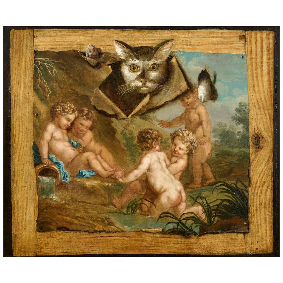 Anglo-American School (19th Century) Cat Bursting Through a Canvas (1 of 3)