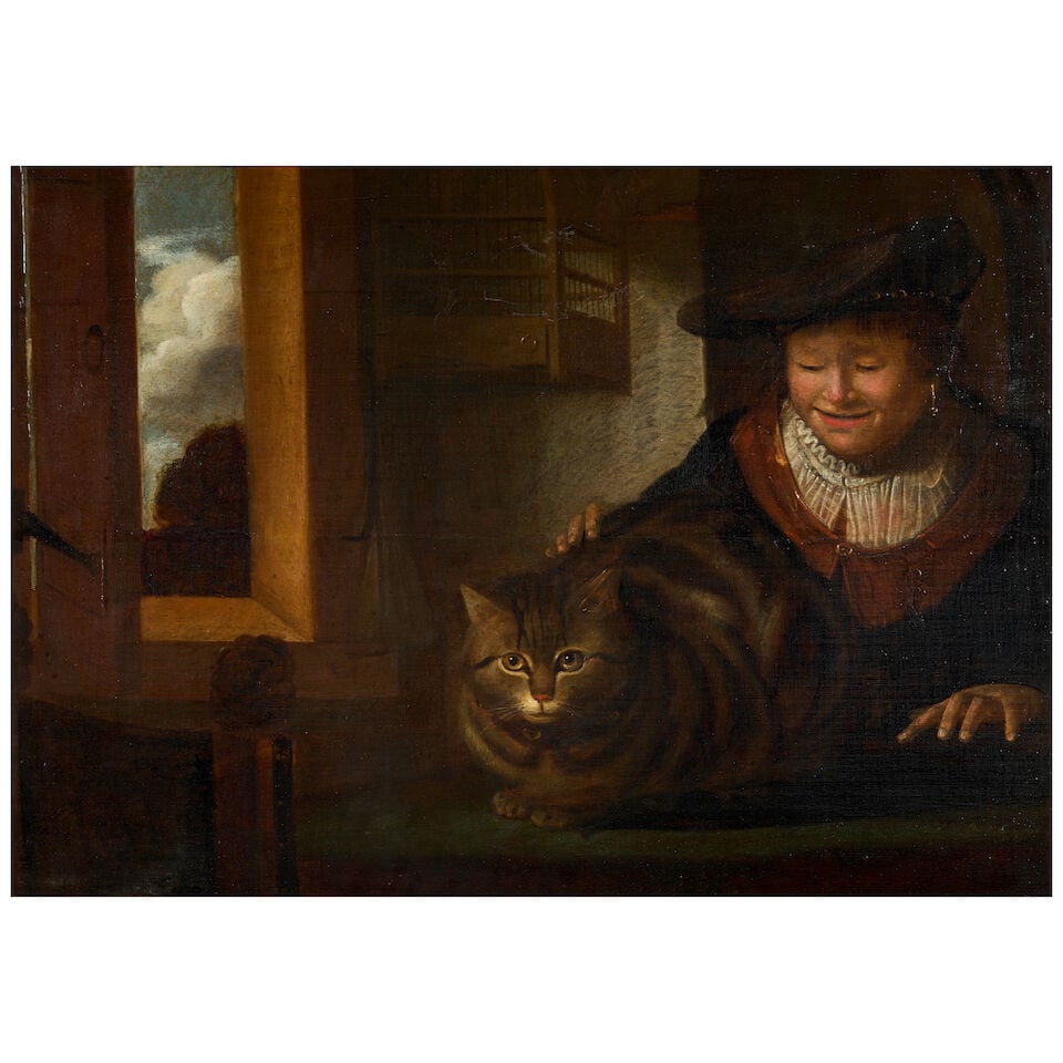 Follower of Rembrandt Van Rijn (Dutch, 1606-1669) A man stroking a cat in an interior, an empty ...: Follower of Rembrandt Van Rijn (Dutch, 1606-1669) A man stroking a cat in an interior, an empty birdcage hanging by an open window beyond unsigned oil on panel 21 1/2 x 30 3/4 in. (54.6 x 78.1 cm.) fr