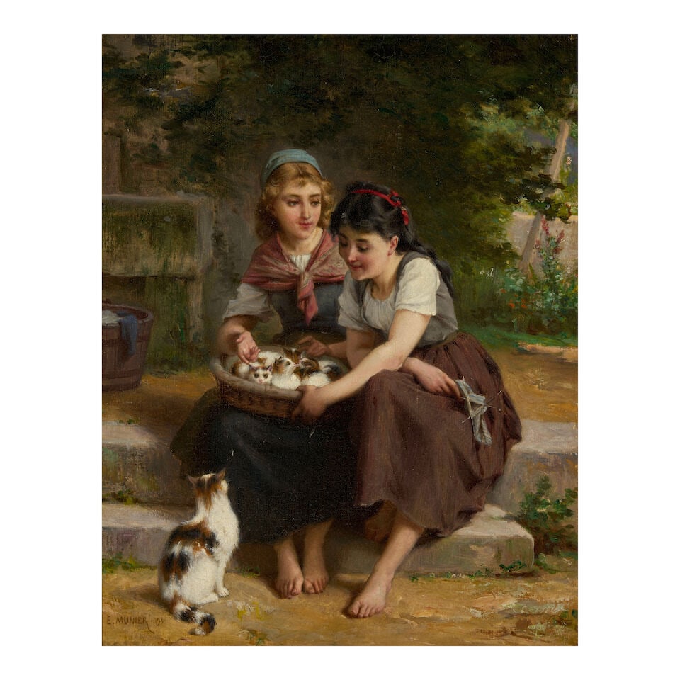Emile Munier (French, 1840-1895): Emile Munier (French, 1840-1895) Deux Filles Aven un Panier de Chatons, 1895 signed and dated E. MUNIER 1895 (lower left) oil on canvas 11 3/8 x 8 7/8 in. (28.8 x 22.5 cm.) framed 20 x 18 in. (50.8 x 