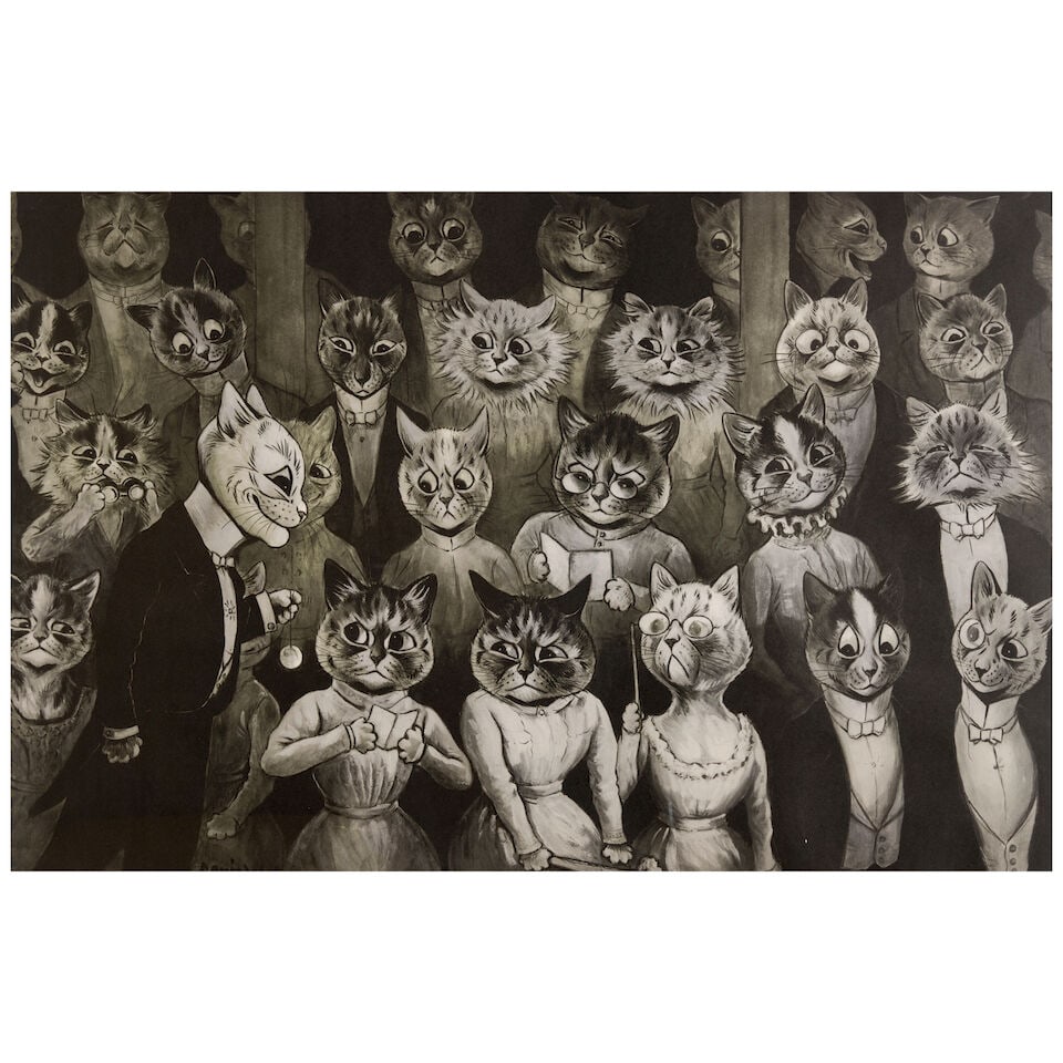 Louis Wain (British, 1860-1939); The Uninvited Guest, alternatively titled The Latecomer;: Louis Wain (British, 1860-1939) The Uninvited Guest, alternatively titled The Latecomer, circa 1912 halftone on wove paper, signed in pencil, numbered 24/100, with margins, framed 19 x 28 7/8 in. (48.