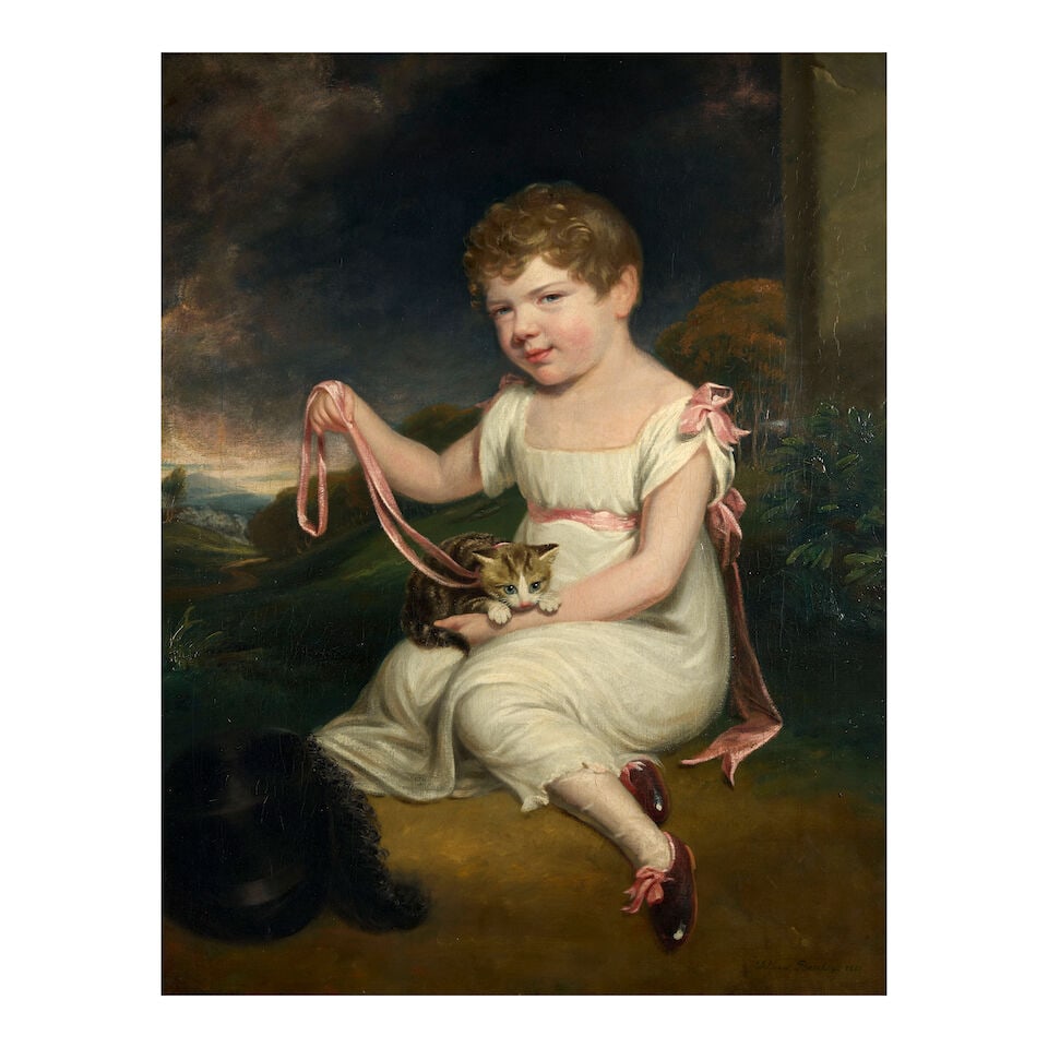 Circle of William Owen (British, 1769-1825): Circle of William Owen (British, 1769-1825) Portrait of a Young Girl with a Kitten, 1801 bears signature and date William Beechey 1801 (lower right) oil on canvas 36 x 28 in. (91.4 x 71.1 cm.) framed 