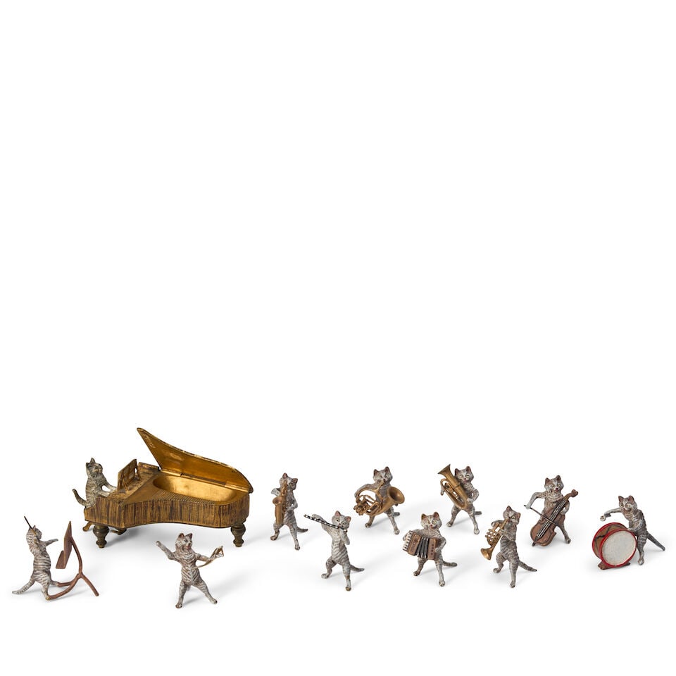 A Group of Eleven Cold-painted Bronze Cat Musicians (1 of 1)