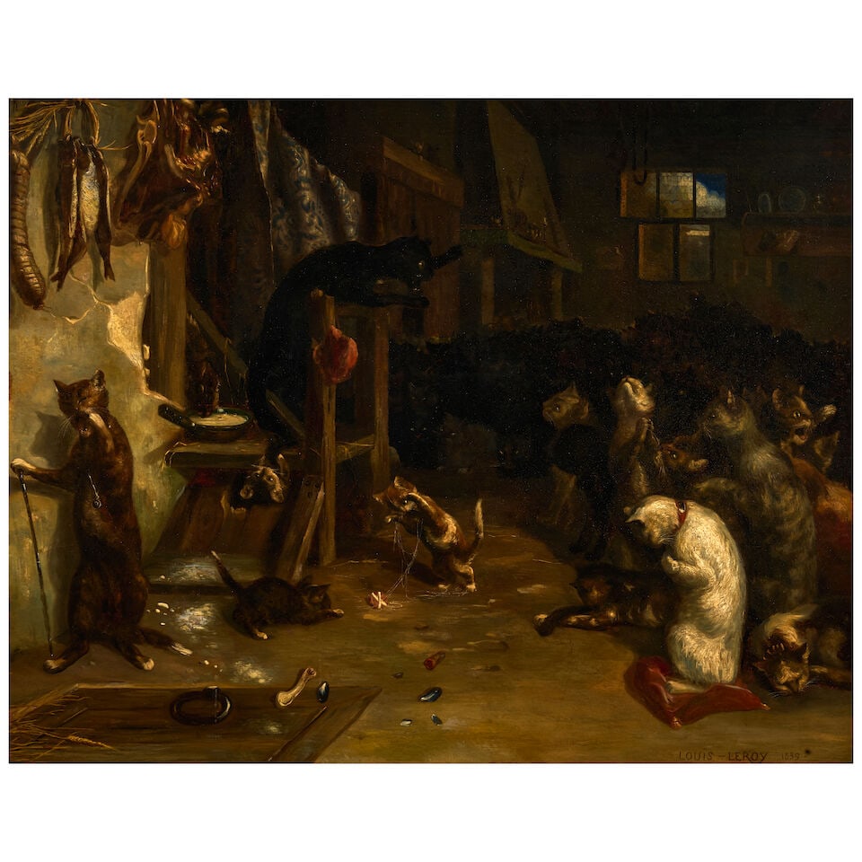 Louis-Joseph Leroy (French, 1812-1885): Louis-Joseph Leroy (French, 1812-1885) Chats Jouant dans une Grange, 1839 signed and dated LOUIS-LEROY 1839. (lower right) oil on canvas 50 x 62 5/8 in. (127.0 x 159.1 cm.) framed 56 1/2 x 69 3/4 in. 