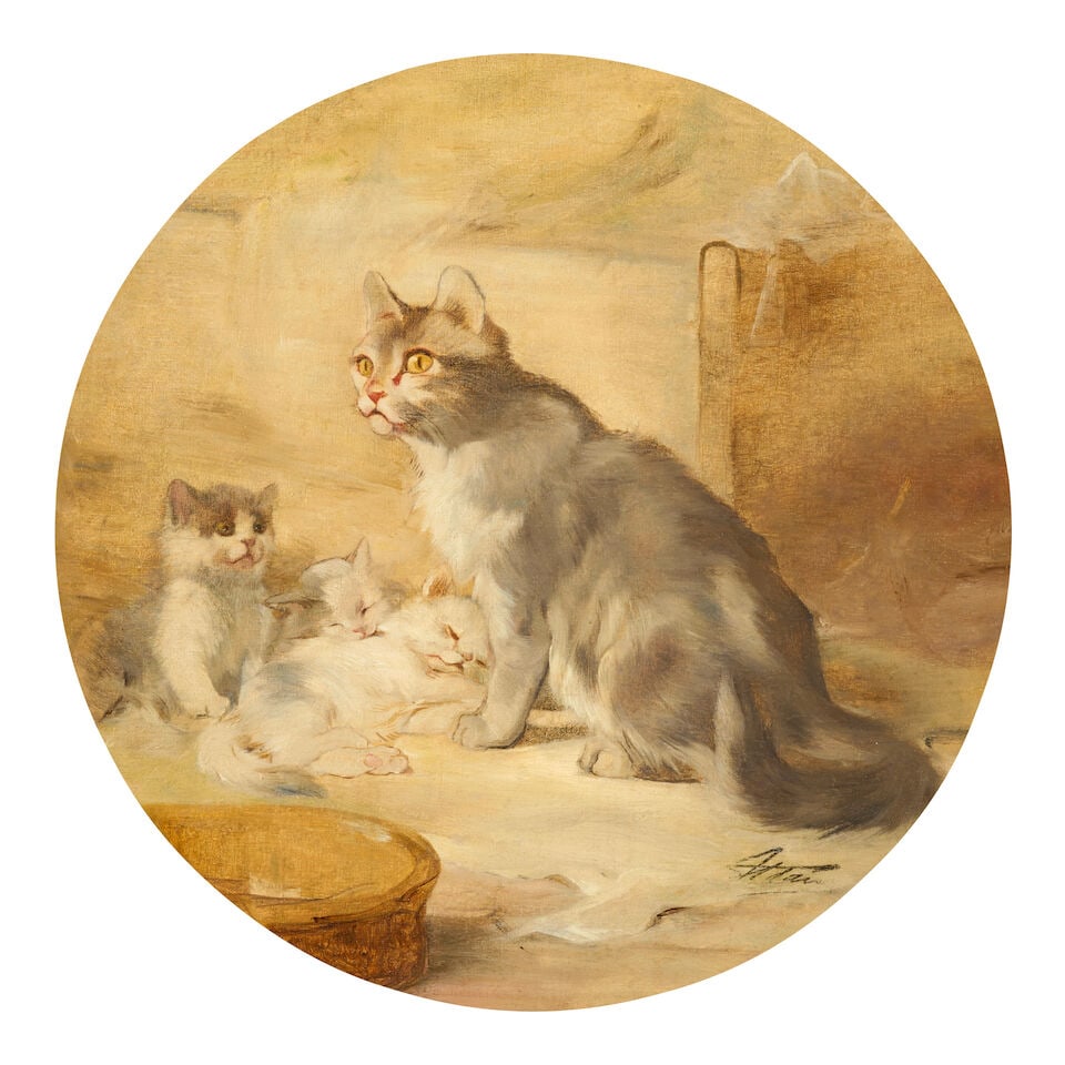 Circle of Julius Adam II (German, 1852-1913) A Cat with Her Kittens: Circle of Julius Adam II (German, 1852-1913) A Cat with Her Kittens signed JAdam (lower right) oil on canvas 15 x 15 in. (38.1 x 38.1 cm.) framed 21 1/8 x 21 1/8 in. (53.6 x 53.6 cm.) Footnotes: Prove