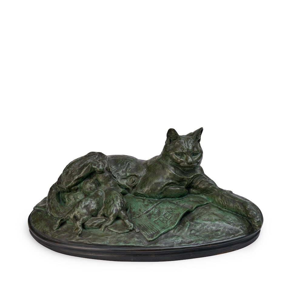 Emmanuel Frémiet (French, 1824-1910) Chatte et ses Petits (Cat Feeding Her Kittens): Emmanuel Frémiet (French, 1824-1910) Chatte et ses Petits (Cat Feeding Her Kittens) incised E. FREMIET patinated bronze height 9 1/2 in. (24.13 cm.); length 23 1/2 in. (59.7 cm.); width 15 in. (3