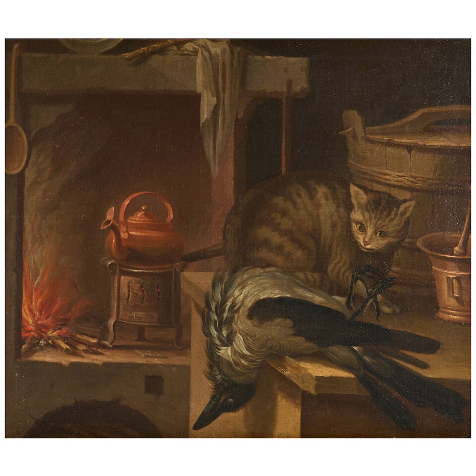 Follower of Jan Fyt (Antwerp, 1611-1661) Kitchen Still Life with a Cat and Magpie: Follower of Jan Fyt (Antwerp, 1611-1661) Kitchen Still Life with a Cat and Magpie unsigned oil on canvas 25 x 29 3/4 in. (63.5 x 75.5 cm.) framed 32 3/4 x 37 1/2 in. (81.1 x 95.2 cm.) Footnotes: Prove