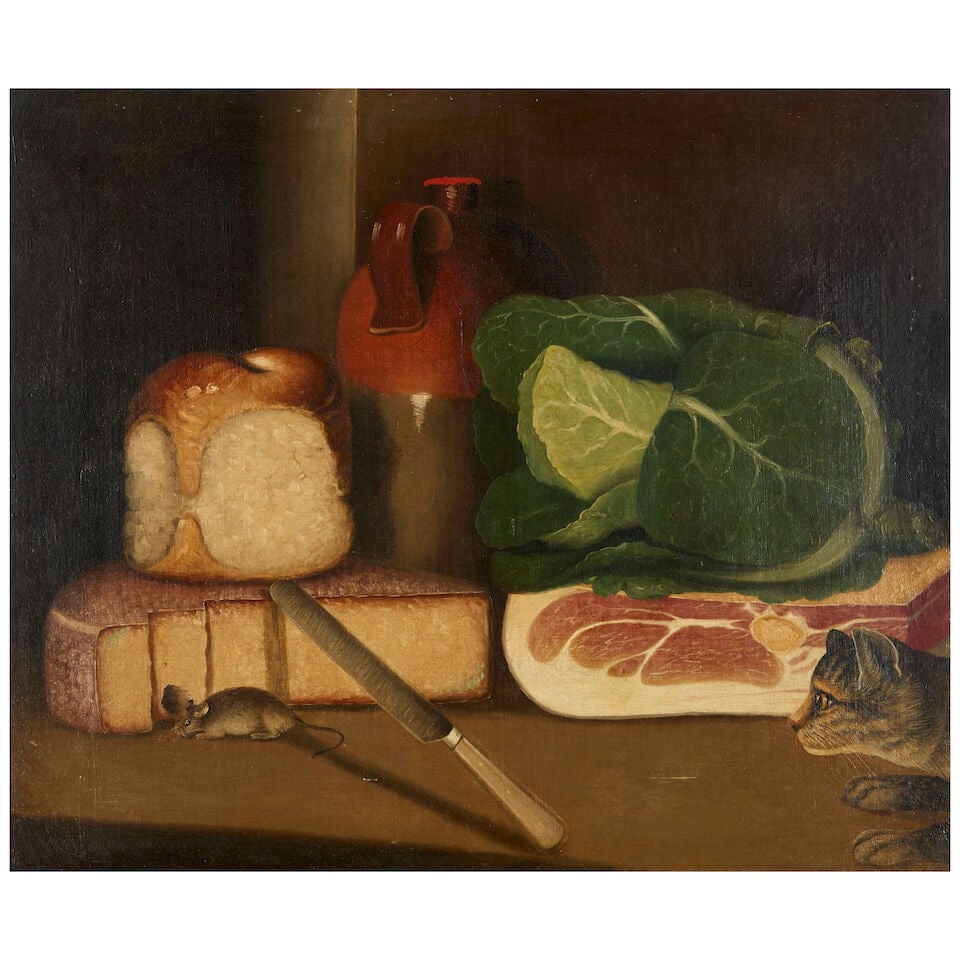 English Naive School (19th Century) A Tasty Morsel (Cat, Mouse, Ham): English Naive School (19th Century) A Tasty Morsel (Cat, Mouse, Ham) unsigned oil on canvas 20 x 24 in. (50.8 x 61.0 cm.) framed 24 1/8 x 28 in. (61.3 x 71.1 cm.) Footnotes: Provenance Bonhams, London