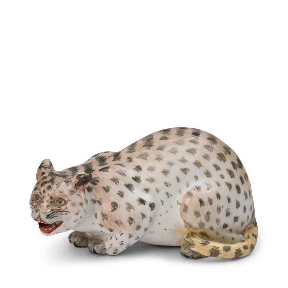 A Meissen Porcelain Model of a Spotted Cat circa 1740: A Meissen Porcelain Model of a Spotted Cat circa 1740 height 2 in. (5.08 cm.); width 3 3/4 in. (9.53 cm.); depth 2 in. (5.08 cm.) Footnotes: Provenance Christie's, Park Avenue, Fine French Furniture, 