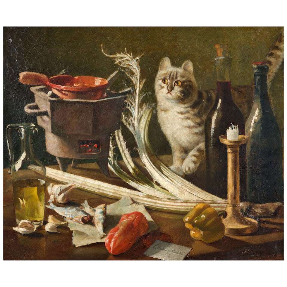 Italian School (late 19th century): Italian School (late 19th century) Still Life with a Cat, Bottles of Wine, a Stove, and Vegetables on a Table, 1881 inscribed All'amico Cichin (on the card, lower center) and dated (lower right) oil o