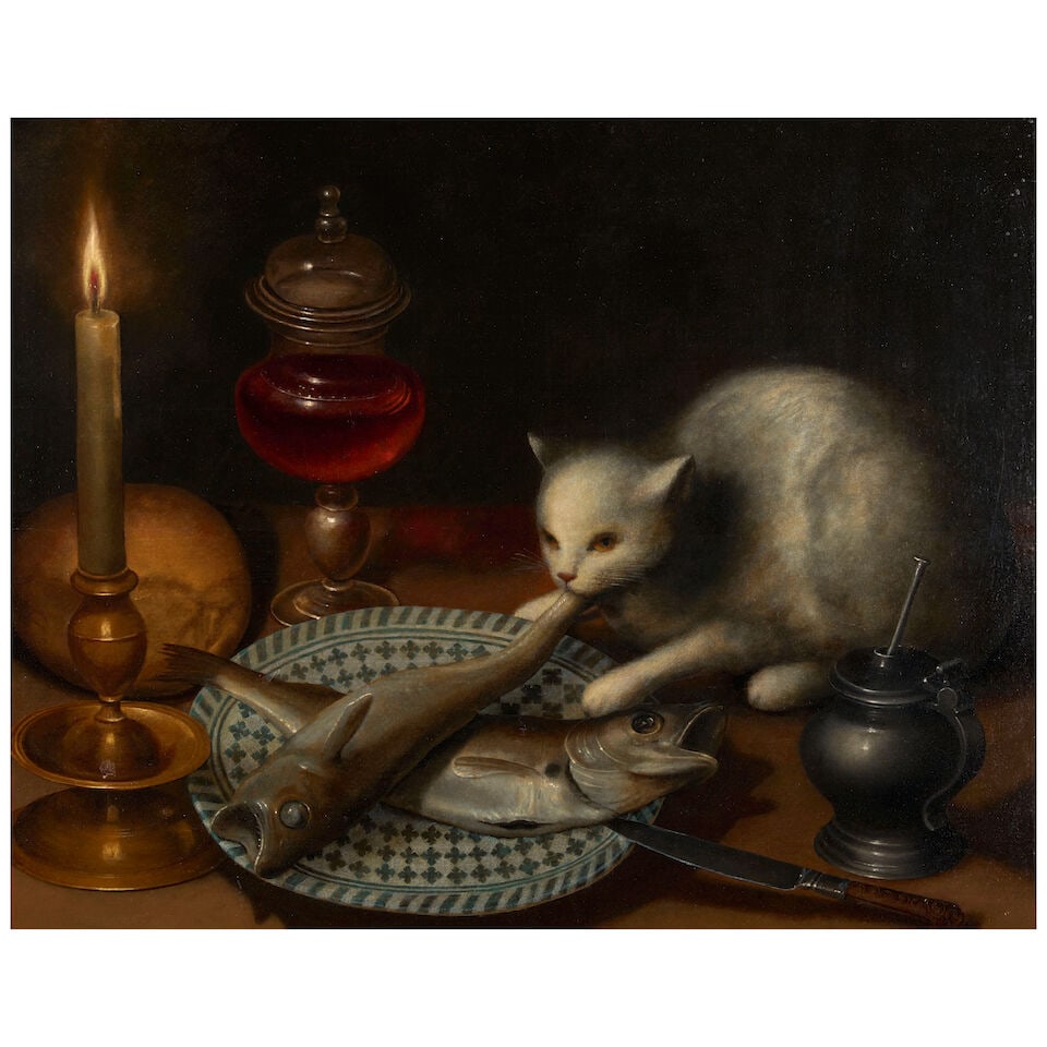 Attributed to Gotthardt de Wedig (German, 1583-1641) Still Life with a Cat Stealing Fish off a P...: Attributed to Gotthardt de Wedig (German, 1583-1641) Still Life with a Cat Stealing Fish off a Plate unsigned oil on panel 16 3/4 x 21 1/4 in. (42.5 x 54.0 cm.) framed 25 3/4 x 30 in. (65.4 x 76.2 cm.