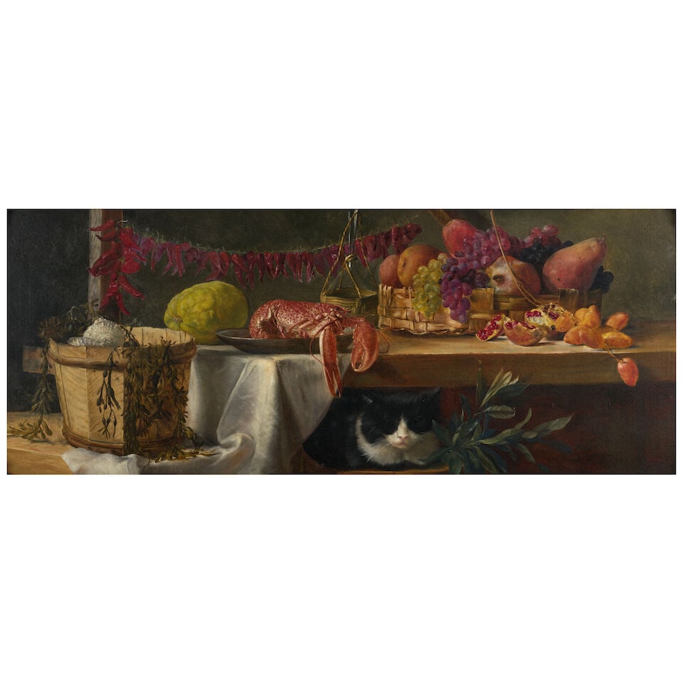 Daniel Hock (Austrian, 1858-1934) A Still life with a Cat: Daniel Hock (Austrian, 1858-1934) A Still life with a Cat initialed DH (lower right) oil on canvas 20 x 47 1/2 in. (50.8 x 120.6 cm.) framed 27 1/4 x 55 3/4 in. (69.2 x 141.6 cm.) Footnotes: Provenanc