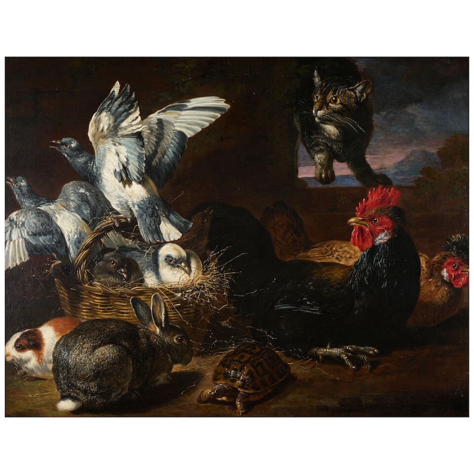 David de Coninck (Antwerp 1636-1699 Brussels) A Cat Stalking Pigeons in a Basket with Hens, Rabb...: David de Coninck (Antwerp 1636-1699 Brussels) A Cat Stalking Pigeons in a Basket with Hens, Rabbit, Guinea Pig unsigned oil on canvas 28 1/2 x 37 1/2 in. (71.1 x 95.2 cm.) framed 37 x 46 1/4 in. (94 x