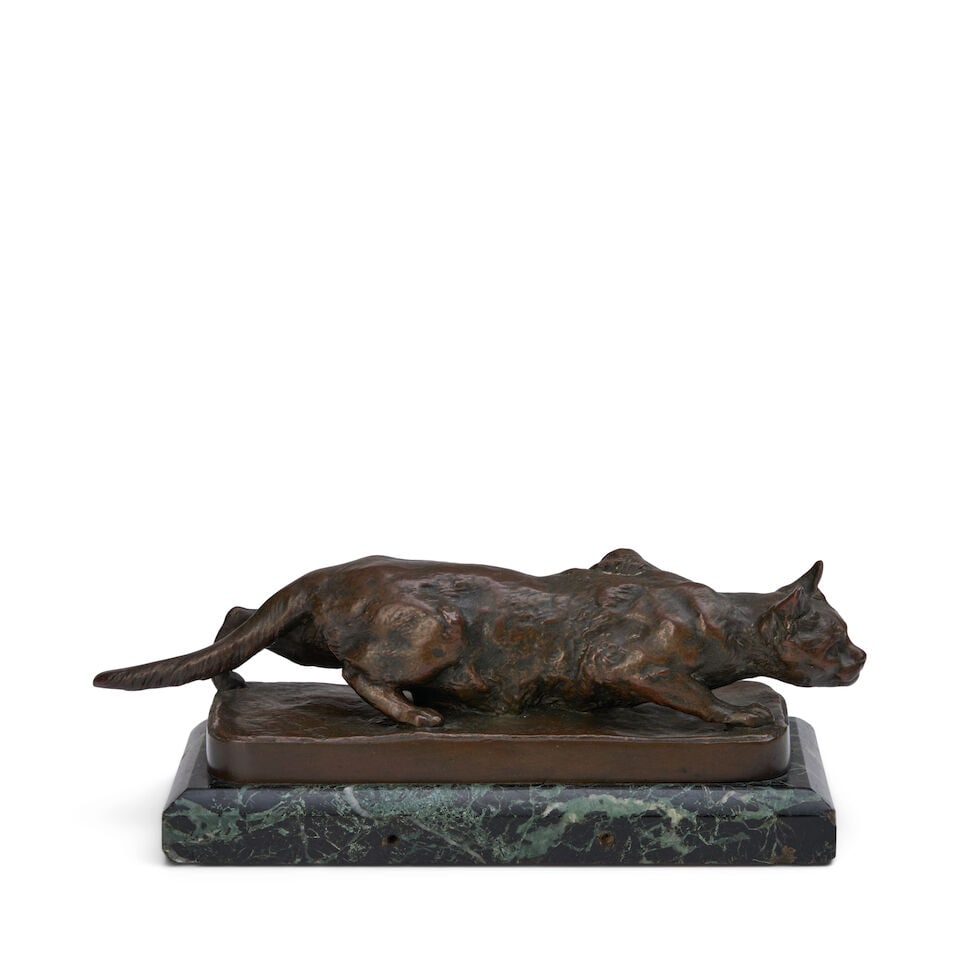 Mathilde Thomas-Soyer (French, 1860-1940): Mathilde Thomas-Soyer (French, 1860-1940) Chat à l'affut signed Mathilde Thomas-Soyer, (to base), impressed foundry SIOT PARIS, and numbered 487C bronze height 2 1/8 in. (5.4 cm.); length 8 3/4 i