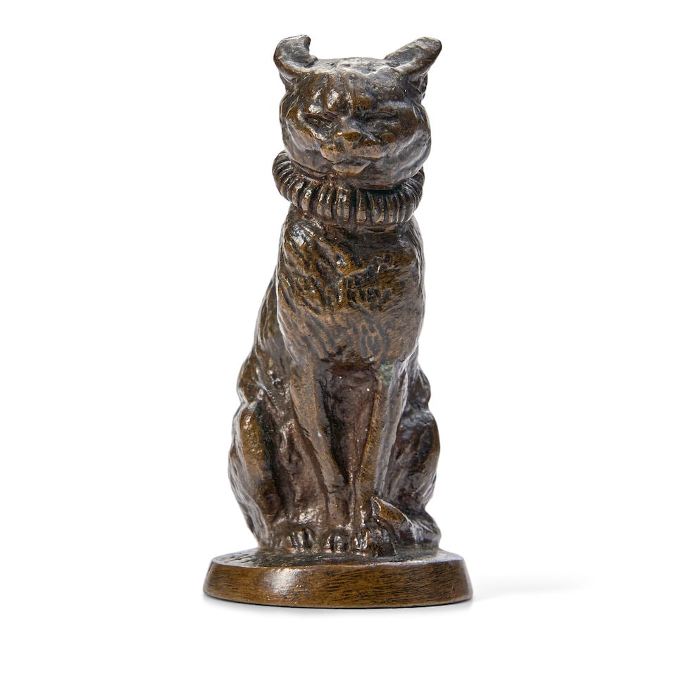 Emmanuel Frémiet (French, 1824-1910) Chatte au collier (Cat with collar): Emmanuel Frémiet (French, 1824-1910) Chatte au collier (Cat with collar) signed FREMIET (to base) and impressed 125 (to the back of the base) patinated bronze height 2 3/8 in. (6.03 cm.); width 1