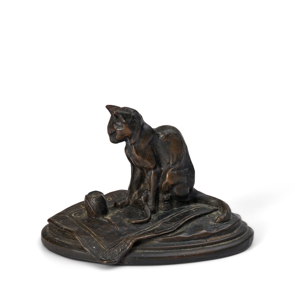Emmanuel Frémiet (French, 1824-1910) Chat à la pelote, 19th century: Emmanuel Frémiet (French, 1824-1910) Chat à la pelote, 19th century the cat seated upon a carpet with a kitten between her legs, playing with a skein of yarn, on stepped oval base, signed E 