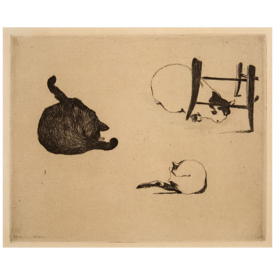Edouard Manet (French, 1832-1883); Les Chats;: Edouard Manet (French, 1832-1883) Les Chats (Harris 64), 1869 etching on Van Gelder laid paper, a posthumous impression, with margins, framed plate 7 x 8 3/4 in. (17.8 x 22.2 cm.) sheet 12 3/4 x 14 3/