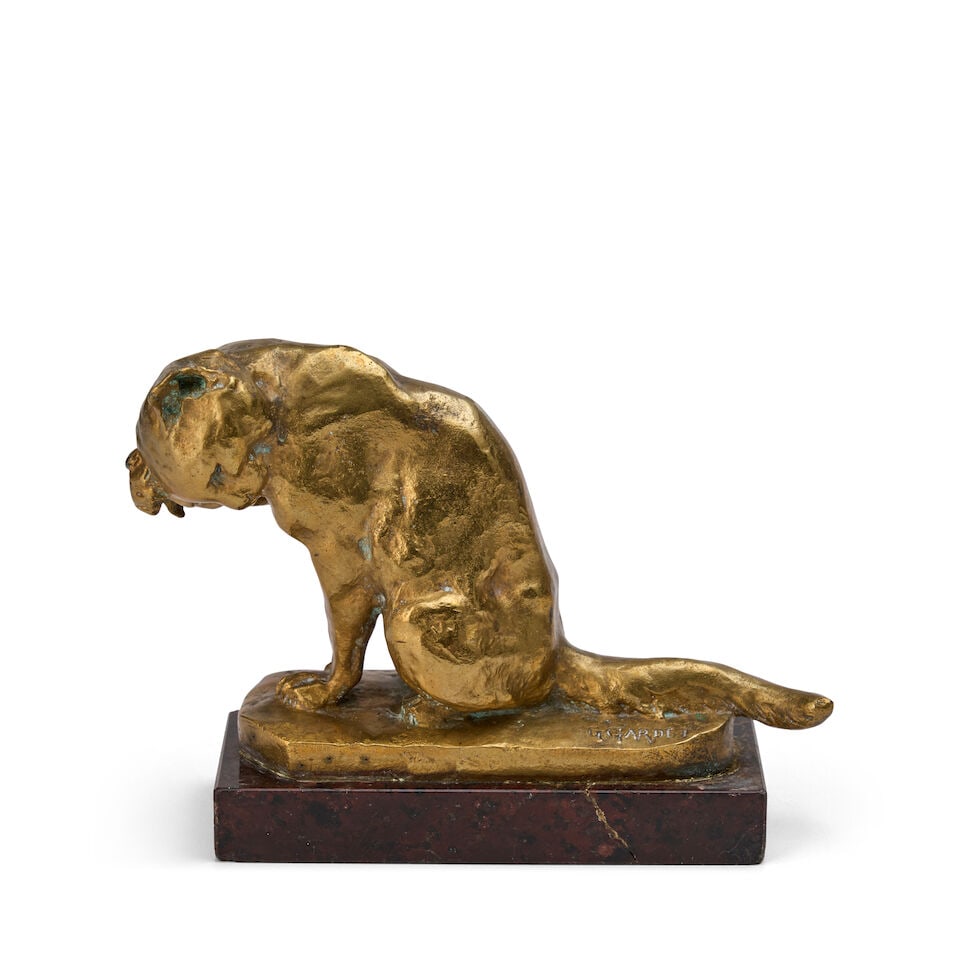 Georges Gardet (French, 1863-1939) Chat à sa toilette, circa 1900: Georges Gardet (French, 1863-1939) Chat à sa toilette, circa 1900 signed G GARDET and stamped S 136, with the foundry mark Siot Paris (to base) gilt bronze on a rectangular marble base height 4 