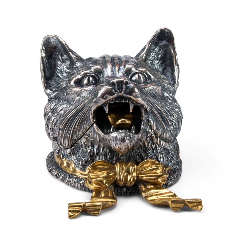 A Continental Parcel-Gilt Silvered Bronze Figural Cat Head Inkwell late 19th century (1 of 2)