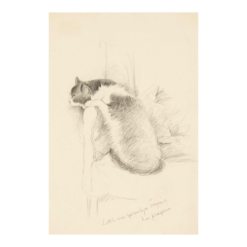 Lucy Dawson (British, 1875-1954) Little Wee Splashy is saying her prayers: Lucy Dawson (British, 1875-1954) Little Wee Splashy is saying her prayers titled (lower right); unsigned pencil on paper 11 1/2 x 7 3/4 in. (29.2 x 19.7 cm.) framed 18 3/4 x 15 in. (47.6 x 38.1 cm.) F