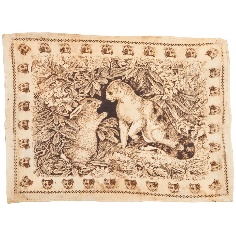 A Printed Cotton Handkerchief Depicting a Hare and a Cat probably American, 19th century: A Printed Cotton Handkerchief Depicting a Hare and a Cat probably American, 19th century 11 x 8 in. (27.94 x 20.32 cm.) framed 12 x 15 in. (30.48 cm. x 38.1 cm.) Footnotes: Provenance Family provenanc