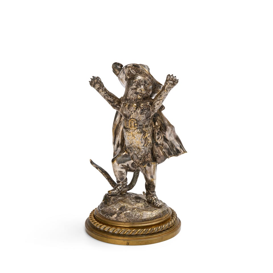 An English Silvered Bronze Figural Inkstand of Puss in Boots late 19th century (1 of 3)