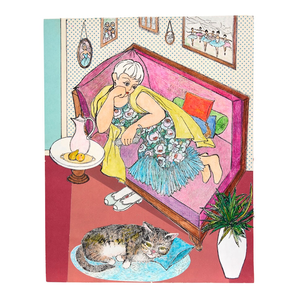 Esphyr Slobodkina (American, 1914-2002): Esphyr Slobodkina (American, 1914-2002) 'They were there to cuddle up to', circa 1980 unsigned watercolor and colored pencil collage on paper 14 x 11 in. (35.5 x 28.0 cm.) with matte 14 x 11 in. (35.5