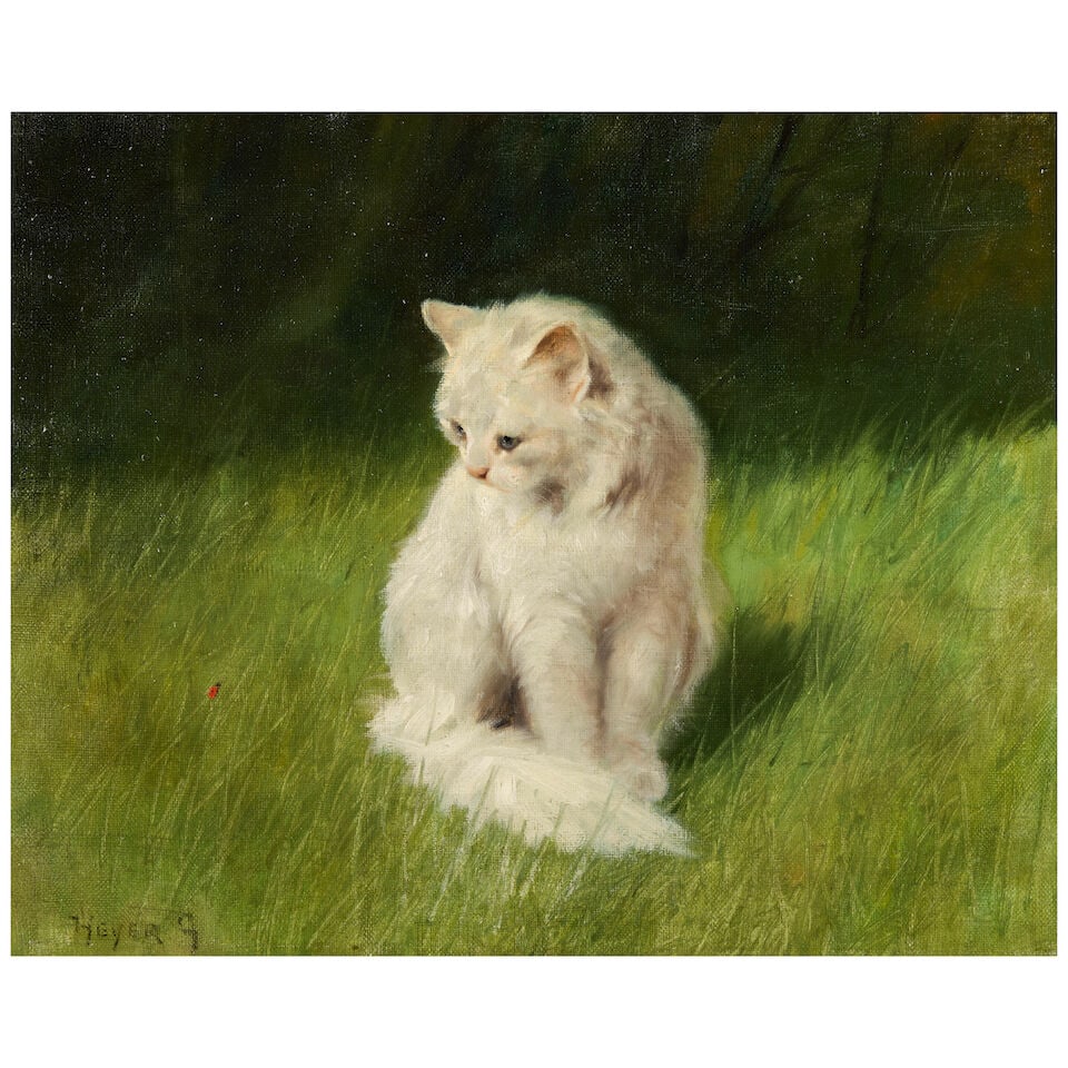 Arthur Heyer (German, 1872-1931) A White Persian Cat with a Ladybug: Arthur Heyer (German, 1872-1931) A White Persian Cat with a Ladybug signed Heyer A (lower left) oil on canvas 15 3/4 x 19 3/4 in. (40.0 x 50.2 cm.) framed 21 x 24 3/4 in. (53.3 x 62.9 cm.) Footnotes: 