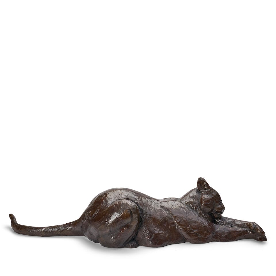 Dan Ostermiller (American, born 1956) Chester Study V, 2006: Dan Ostermiller (American, born 1956) Chester Study V, 2006 signed, dated and numbered Don Ostermiller / 2006 / 3/20 (on the proper left hip) patinated bronze height 7 3/8 in. (18.73 cm.); length 33 1