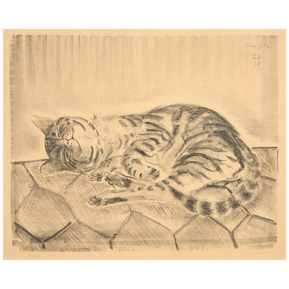Léonard Tsuguharu Foujita (Japanese/French, 1886-1968); Chat Allongé;: Léonard Tsuguharu Foujita (Japanese/French, 1886-1968) Chat Allongé (Buisson 26.86), 1927 lithograph on japon paper, signed in brown ink, numbered 32/50, published by Editions Artistiques Ap
