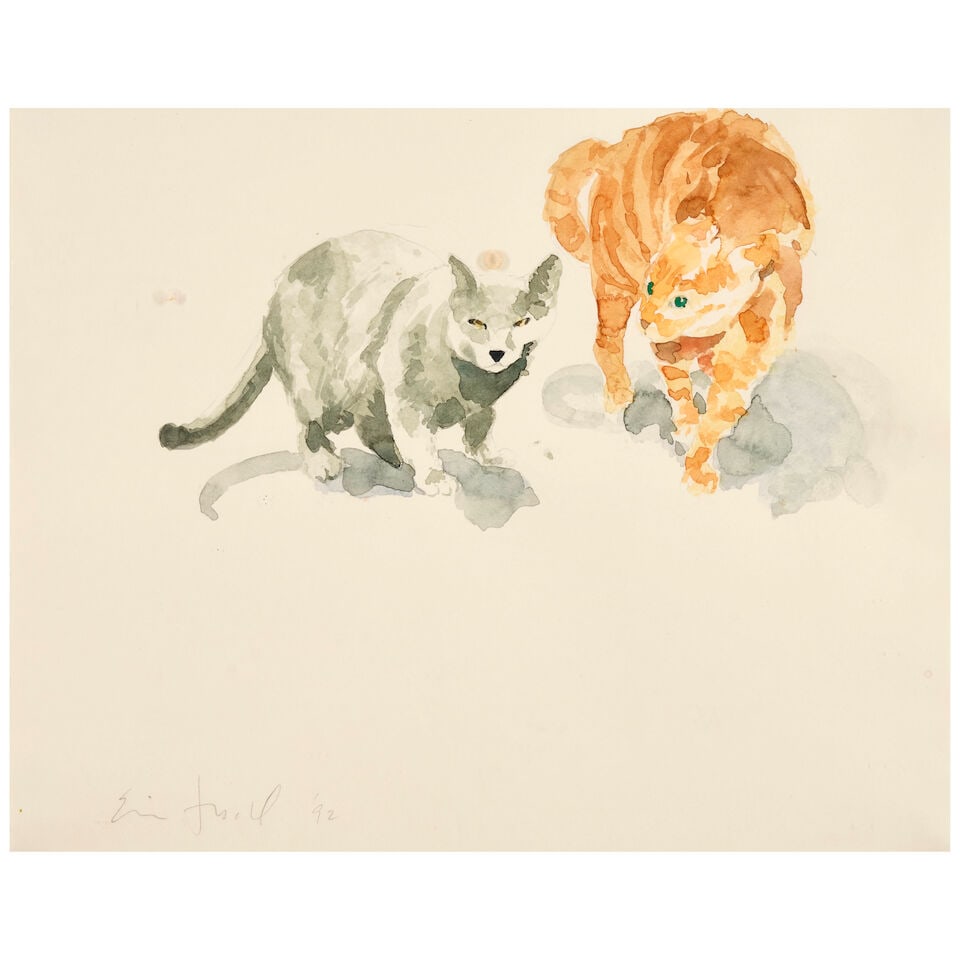 Eric Fischl (American, b. 1948): Eric Fischl (American, b. 1948) Untitled (Two Cats), 1992 signed and dated Eric Fischl '92 (lower left) watercolor and pencil on paper 11 1/2 x 14 1/2 in. (29.5 x 36.5 cm.) framed 19 x 22 in. (48.3 x 