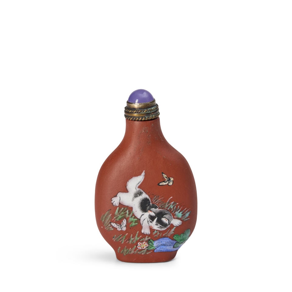 An Enameled Yixing Stoneware Snuff Bottle China, 20th century (1 of 2)