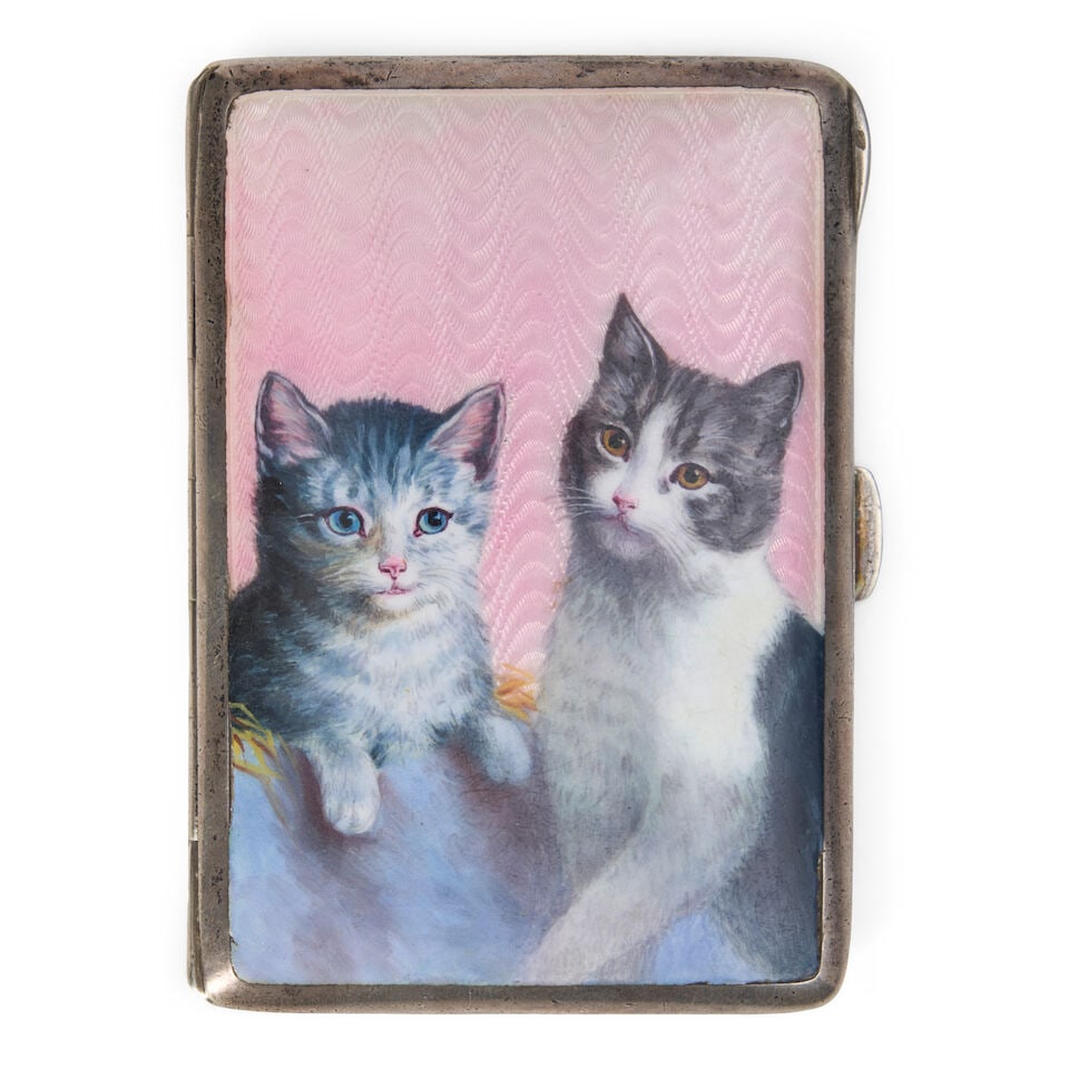 A Silver and Enamel Cigarette Case Louis Kuppenheim, circa 1920s, 900 standard: A Silver and Enamel Cigarette Case Louis Kuppenheim, circa 1920s, 900 standard Rectangular, the front depicting two kittens against a pink guilloche ground. height 3 1/4 in. (8.25 cm.); width 2 1/4 in