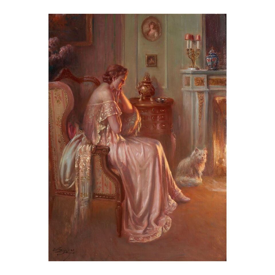 Delphin Enjolras (French, 1857-1945) By the Fireside: Delphin Enjolras (French, 1857-1945) By the Fireside signed D. Enjolras (lower right) oil on canvas 28 3/4 x 21 1/4 in. (73.0 x 54.0 cm.) framed 37 7/8 x 30 3/8 in. (96.2 x 77.2 cm.) Footnotes: Proven