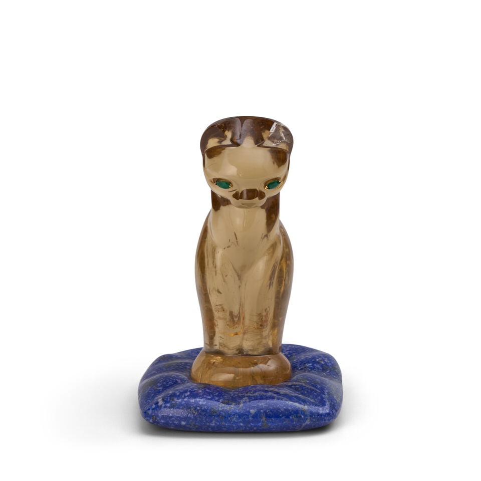 A Citrine and Lapis Lazuli Model of a Seated Cat (1 of 4)